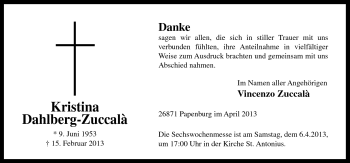 Traueranzeige von Kristina Dahlberg-Zuccala von Neue Osnabrücker Zeitung GmbH & Co. KG