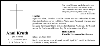 Traueranzeige von Anni Kruth von Neue Osnabrücker Zeitung GmbH & Co. KG