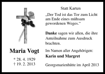 Traueranzeige von Maria Vogt von Neue Osnabrücker Zeitung GmbH & Co. KG