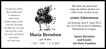 Traueranzeige von Maria Berndsen von Neue Osnabrücker Zeitung GmbH & Co. KG