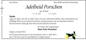 Traueranzeige von Adelheid Porschen von Neue Osnabrücker Zeitung GmbH & Co. KG
