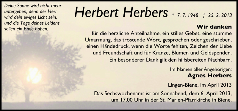  Traueranzeige für Herbert Herbers vom 03.04.2013 aus Neue Osnabrücker Zeitung GmbH & Co. KG
