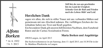 Traueranzeige von Alfons Borken von Neue Osnabrücker Zeitung GmbH & Co. KG