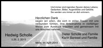 Traueranzeige von Hedwig Scholle von Neue Osnabrücker Zeitung GmbH & Co. KG