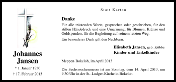 Traueranzeige von Johannes Jansen von Neue Osnabrücker Zeitung GmbH & Co. KG