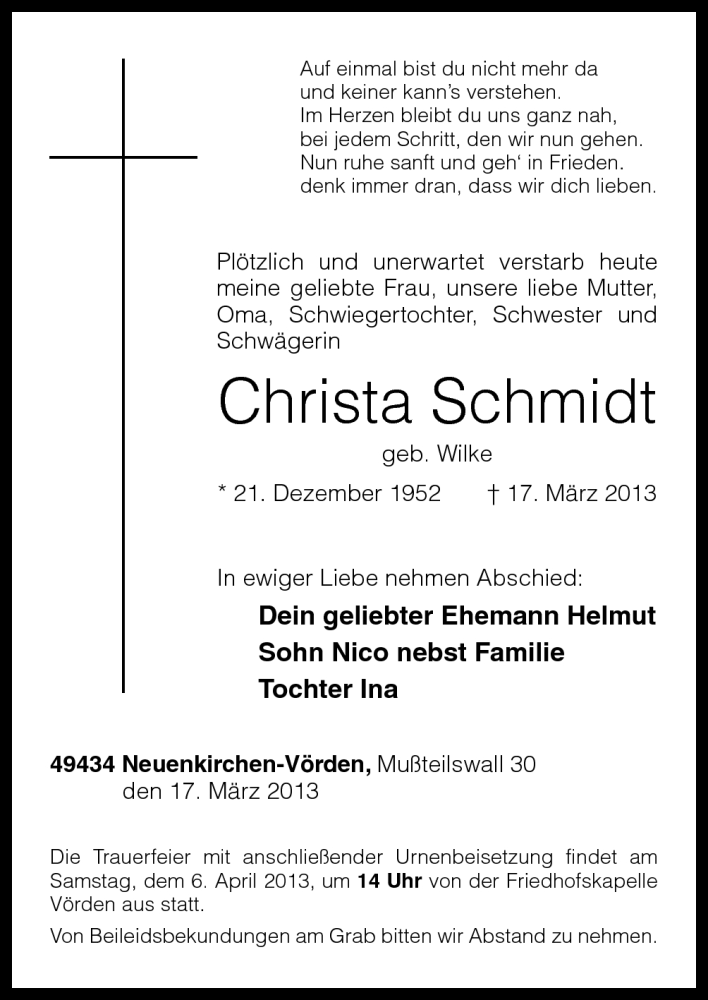  Traueranzeige für Christa Schmidt vom 02.04.2013 aus Neue Osnabrücker Zeitung GmbH & Co. KG