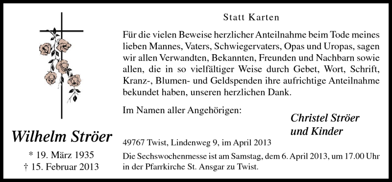  Traueranzeige für Wilhelm Ströer vom 03.04.2013 aus Neue Osnabrücker Zeitung GmbH & Co. KG