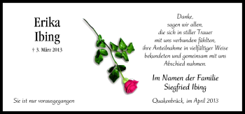 Traueranzeige von Erika Ibing von Neue Osnabrücker Zeitung GmbH & Co. KG