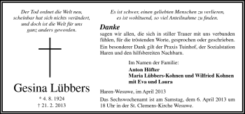 Traueranzeige von Gesina Lübbers von Neue Osnabrücker Zeitung GmbH & Co. KG