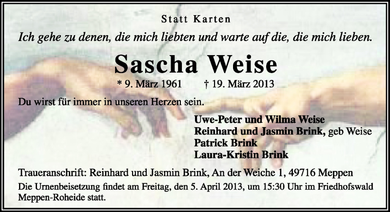  Traueranzeige für Sascha Weise vom 03.04.2013 aus Neue Osnabrücker Zeitung GmbH & Co. KG
