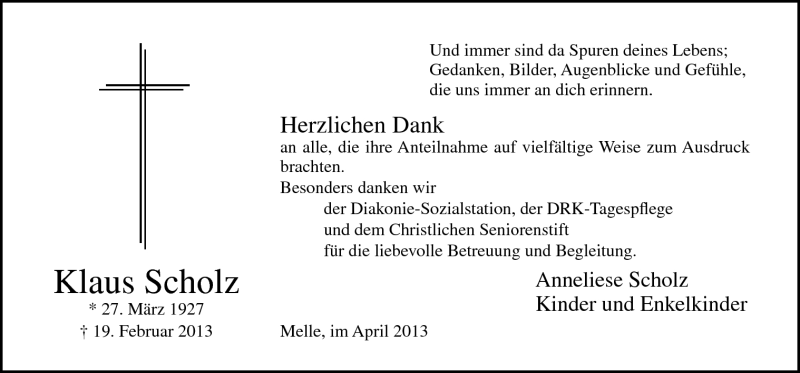  Traueranzeige für Klaus Scholz vom 03.04.2013 aus Neue Osnabrücker Zeitung GmbH & Co. KG