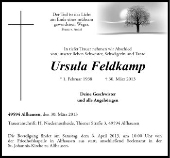 Traueranzeige von Ursula Feldkamp von Neue Osnabrücker Zeitung GmbH & Co. KG