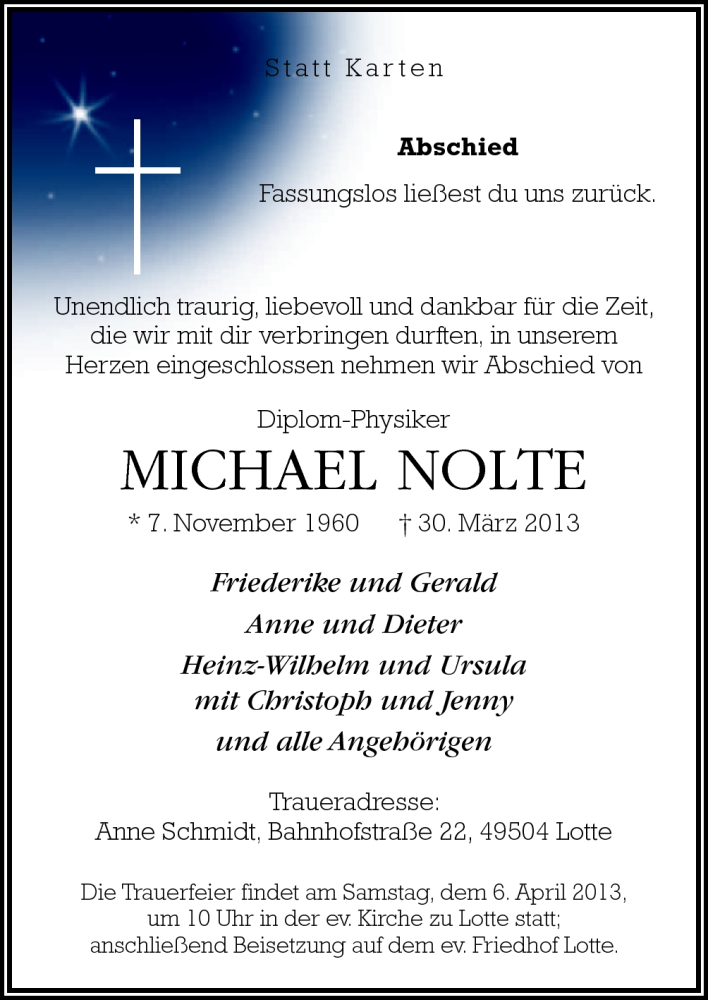  Traueranzeige für Michael Nolte vom 03.04.2013 aus Neue Osnabrücker Zeitung GmbH & Co. KG