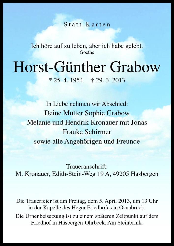  Traueranzeige für Horst-Günther Grabow vom 02.04.2013 aus Neue Osnabrücker Zeitung GmbH & Co. KG
