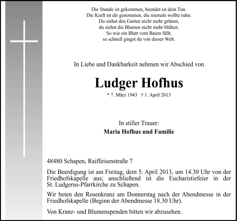  Traueranzeige für Ludger Hofhus vom 03.04.2013 aus Neue Osnabrücker Zeitung GmbH & Co. KG