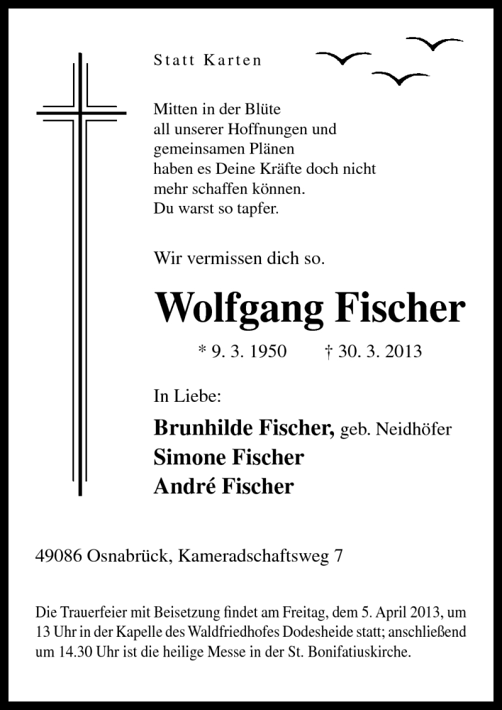  Traueranzeige für Wolfgang Fischer vom 03.04.2013 aus Neue Osnabrücker Zeitung GmbH & Co. KG