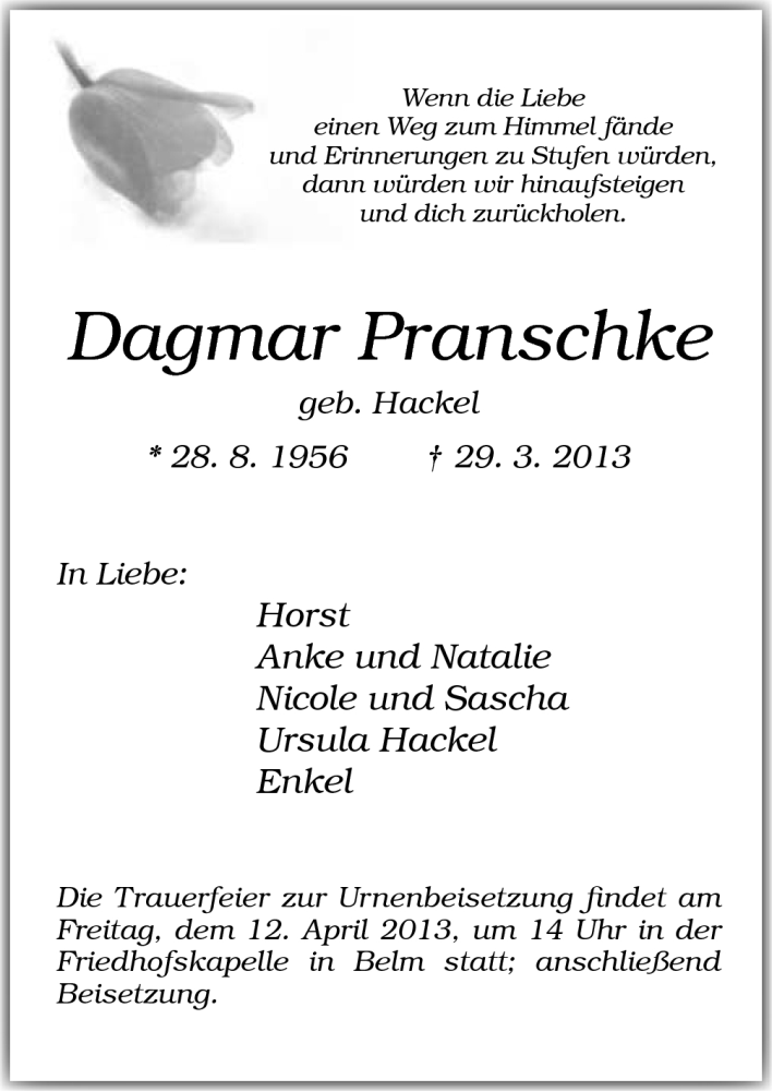  Traueranzeige für Dagmar Pranschke vom 06.04.2013 aus Neue Osnabrücker Zeitung GmbH & Co. KG