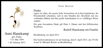 Traueranzeige von Anni Hanekamp von Neue Osnabrücker Zeitung GmbH & Co. KG
