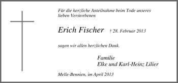 Traueranzeige von Erich Fischer von Neue Osnabrücker Zeitung GmbH & Co. KG