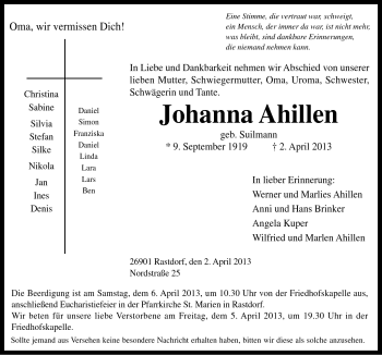 Traueranzeige von Johanna Ahillen von Neue Osnabrücker Zeitung GmbH & Co. KG