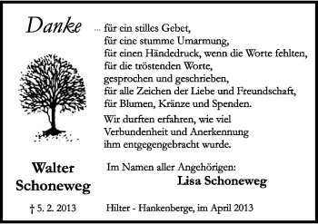 Traueranzeige von Walter Schoneweg von Neue Osnabrücker Zeitung GmbH & Co. KG