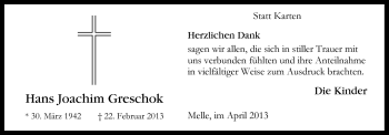 Traueranzeige von Hans Joachim Greschok von Neue Osnabrücker Zeitung GmbH & Co. KG