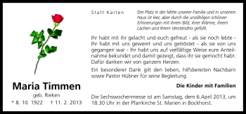 Traueranzeige von Maria Timmen von Neue Osnabrücker Zeitung GmbH & Co. KG