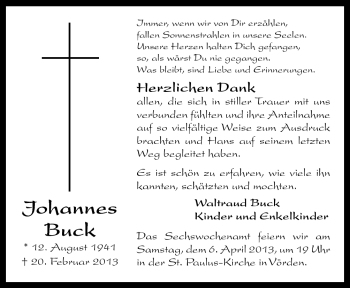 Traueranzeige von Johannes Buck von Neue Osnabrücker Zeitung GmbH & Co. KG