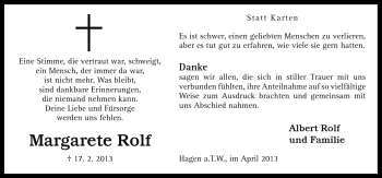 Traueranzeige von Margarete Rolf von Neue Osnabrücker Zeitung GmbH & Co. KG