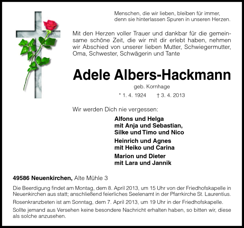 Traueranzeige für Adele Albers-Hackmann vom 05.04.2013 aus Neue Osnabrücker Zeitung GmbH & Co. KG