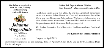 Traueranzeige von Johanna Wiggerthale von Neue Osnabrücker Zeitung GmbH & Co. KG
