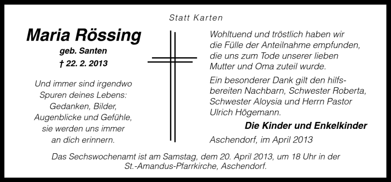  Traueranzeige für Maria Rössing vom 16.04.2013 aus Neue Osnabrücker Zeitung GmbH & Co. KG