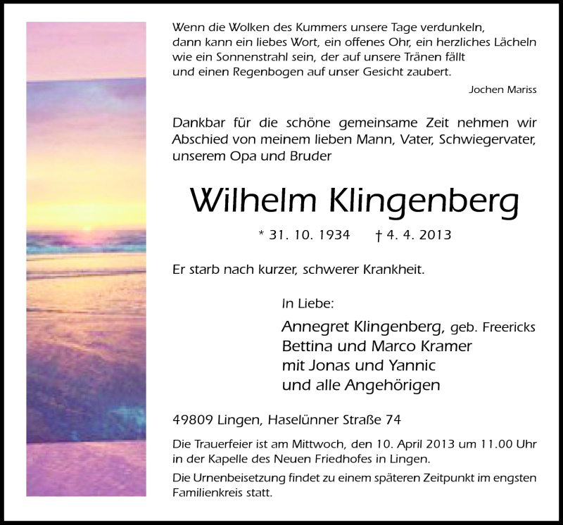  Traueranzeige für Wilhelm Klingenberg vom 06.04.2013 aus Neue Osnabrücker Zeitung GmbH & Co. KG