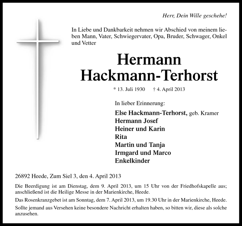  Traueranzeige für Hermann Hackmann-Terhorst vom 06.04.2013 aus Neue Osnabrücker Zeitung GmbH & Co. KG