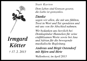 Traueranzeige von Irmgard Kötter von Neue Osnabrücker Zeitung GmbH & Co. KG