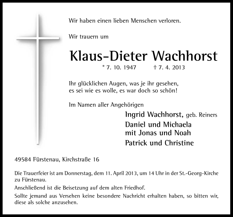  Traueranzeige für Klaus-Dieter Wachhorst vom 09.04.2013 aus Neue Osnabrücker Zeitung GmbH & Co. KG