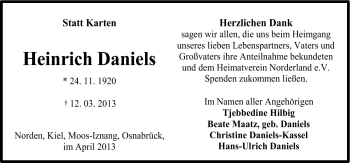 Traueranzeige von Heinrich Daniels von Neue Osnabrücker Zeitung GmbH & Co. KG