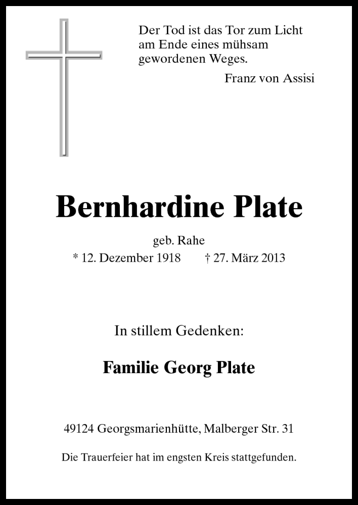  Traueranzeige für Bernhardine Plate vom 09.04.2013 aus Neue Osnabrücker Zeitung GmbH & Co. KG