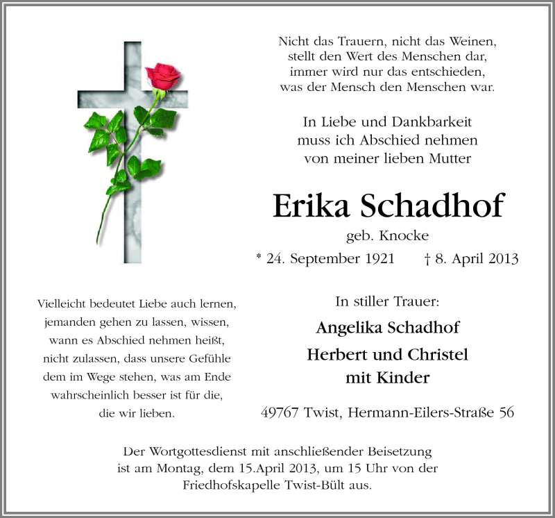  Traueranzeige für Erika Schadhof vom 10.04.2013 aus Neue Osnabrücker Zeitung GmbH & Co. KG