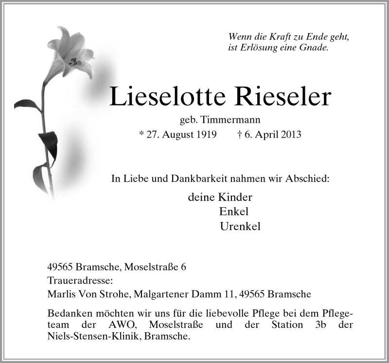  Traueranzeige für Lieselotte Rieseler vom 13.04.2013 aus Neue Osnabrücker Zeitung GmbH & Co. KG