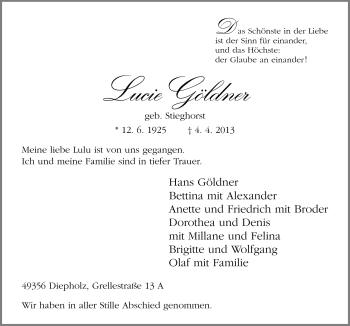 Traueranzeige von Lucie Göldner von Neue Osnabrücker Zeitung GmbH & Co. KG
