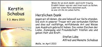 Traueranzeige von Kerstin Schabus von Neue Osnabrücker Zeitung GmbH & Co. KG