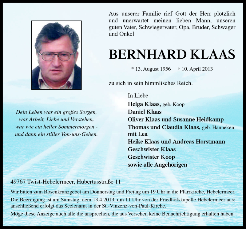  Traueranzeige für Bernhard Klaas vom 11.04.2013 aus Neue Osnabrücker Zeitung GmbH & Co. KG