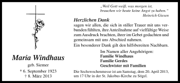 Traueranzeige von Maria Windhaus von Neue Osnabrücker Zeitung GmbH & Co. KG
