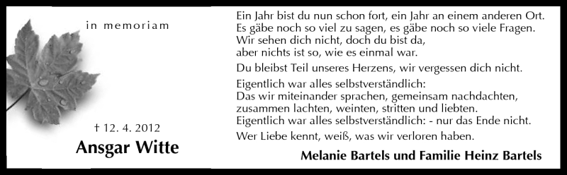  Traueranzeige für Ansgar Witte vom 12.04.2013 aus Neue Osnabrücker Zeitung GmbH & Co. KG