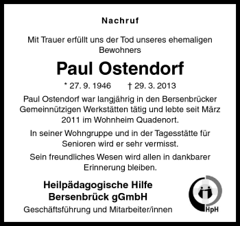Traueranzeige von Paul Ostendorf von Neue Osnabrücker Zeitung GmbH & Co. KG