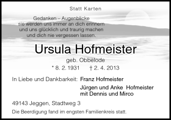 Traueranzeige von Ursula Hofmeister von Neue Osnabrücker Zeitung GmbH & Co. KG