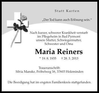 Traueranzeige von Maria Reiners von Neue Osnabrücker Zeitung GmbH & Co. KG