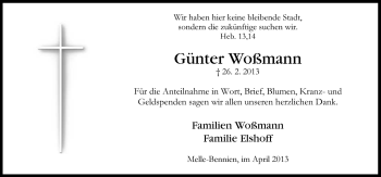 Traueranzeige von Günter Woßmann von Neue Osnabrücker Zeitung GmbH & Co. KG