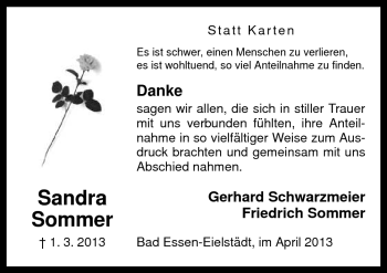 Traueranzeige von Sandra Sommer von Neue Osnabrücker Zeitung GmbH & Co. KG